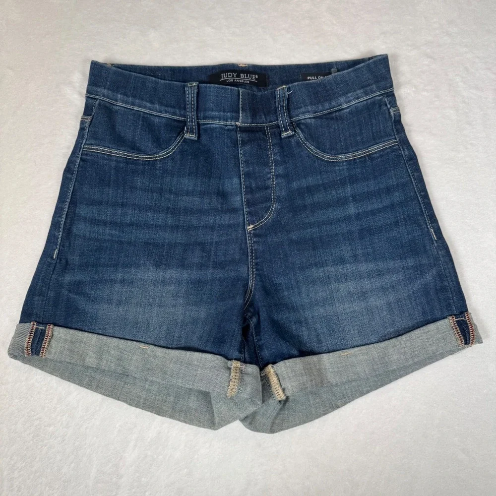 Judy Blue Dark Wash Pull On Cuffed Denim Shorts Small S JB150139 | Hi Waist Jean